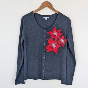 Garnet Hill Merino Wool Floral Button Up Cardigan Sweater